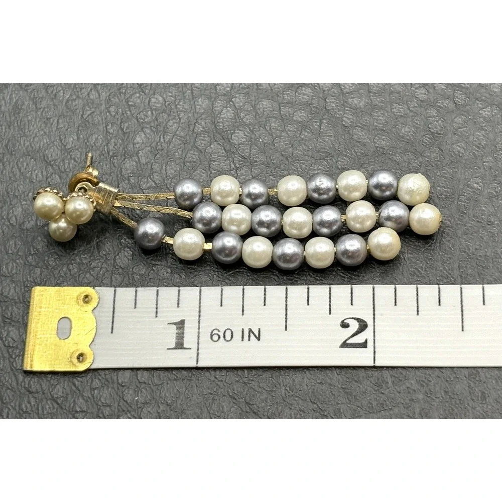 Vintage Imitation Pearl Gold Tone Necklace Pierced Dangle Fringe Earrings Set